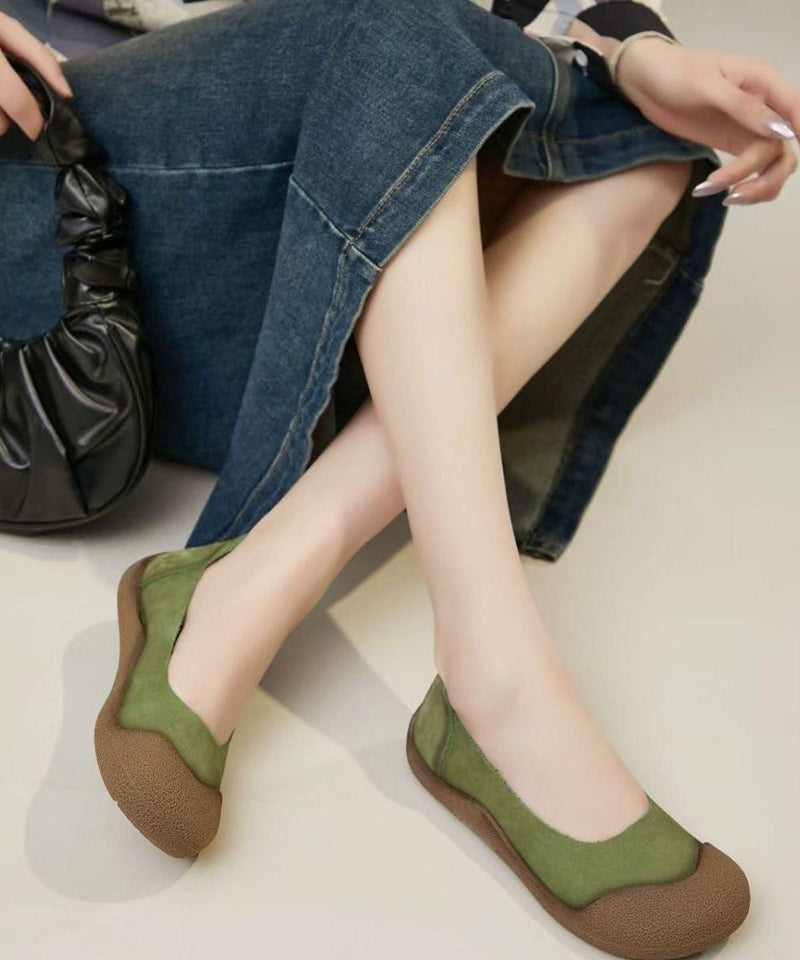 Green Cowhide Leather Comfy Splicing Flat Shoes