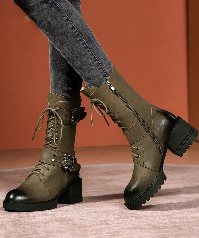 Green Cross Strap Splicing Chunky Boots