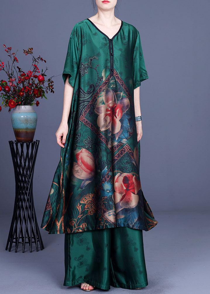 Green Print Patchwork Summer Silk Long Shirts + Wide Leg Two Pieces Set