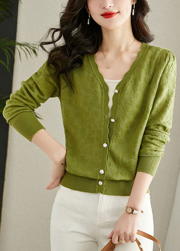 Green Embroideried Button Knit Cardigans Fall