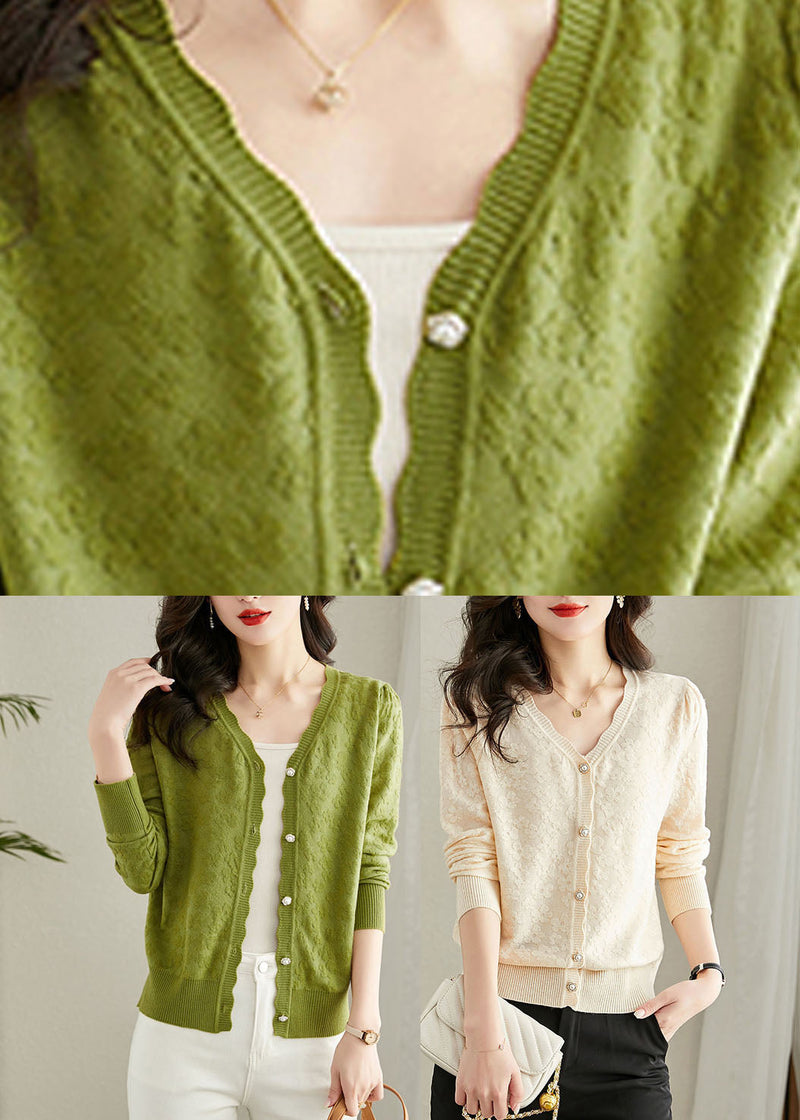 Green Embroideried Button Knit Cardigans Fall