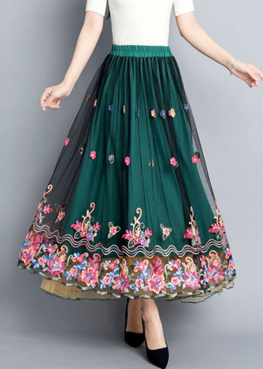 Green Embroideried Elastic Waist Tulle Skirts Summer