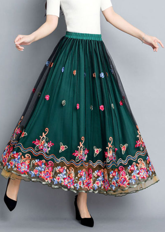 Green Embroideried Elastic Waist Tulle Skirts Summer