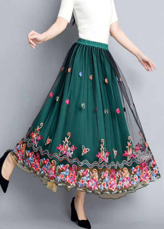Green Embroideried Elastic Waist Tulle Skirts Summer