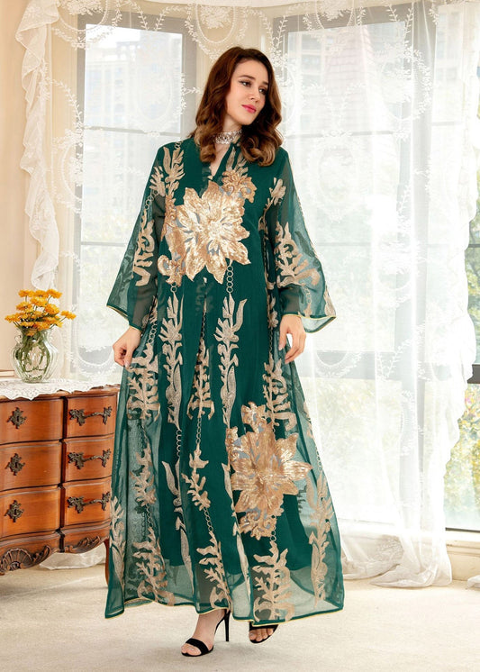 Green Embroideried Sequins Tulle Long Dress Fall