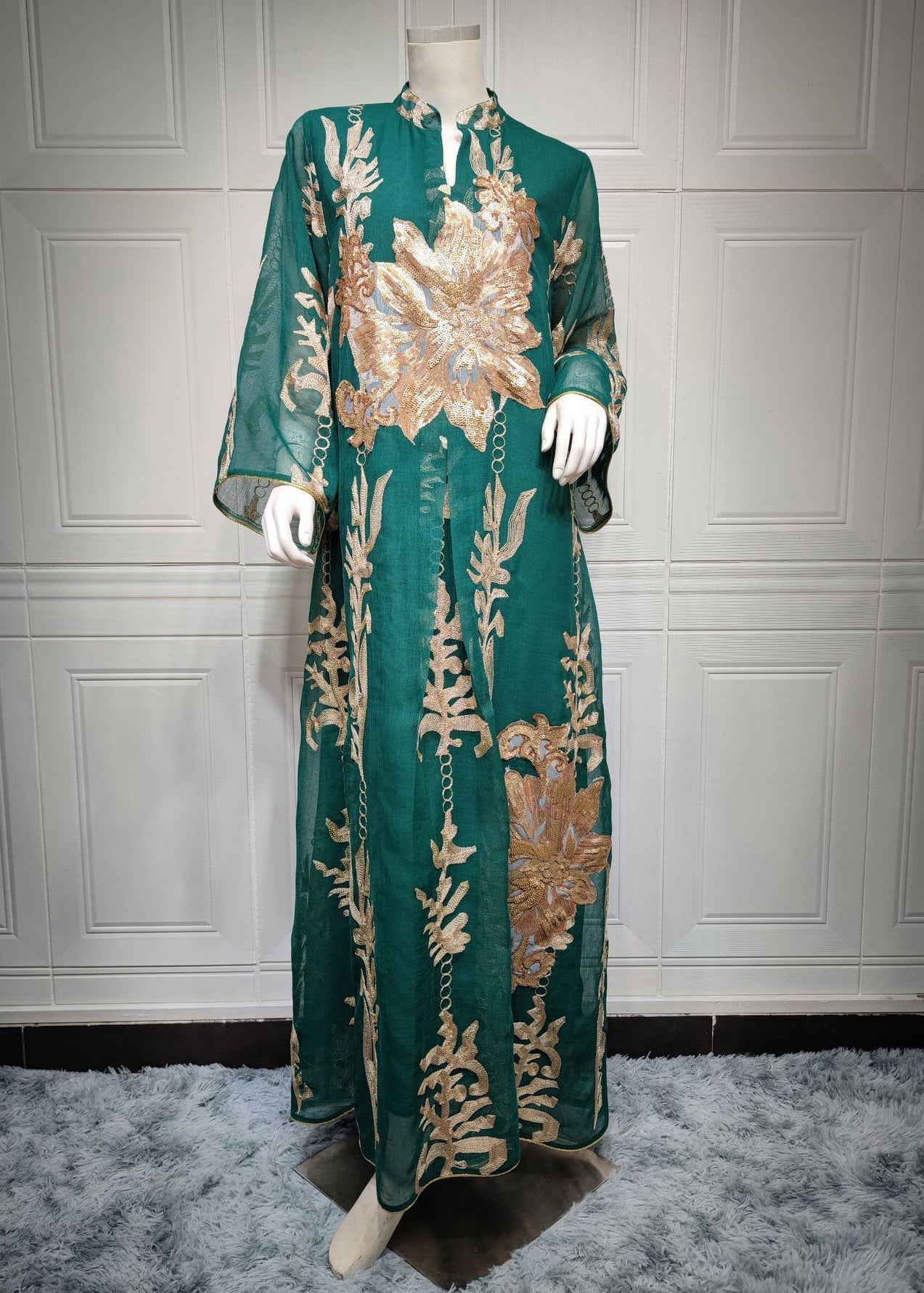 Green Embroideried Sequins Tulle Long Dress Fall