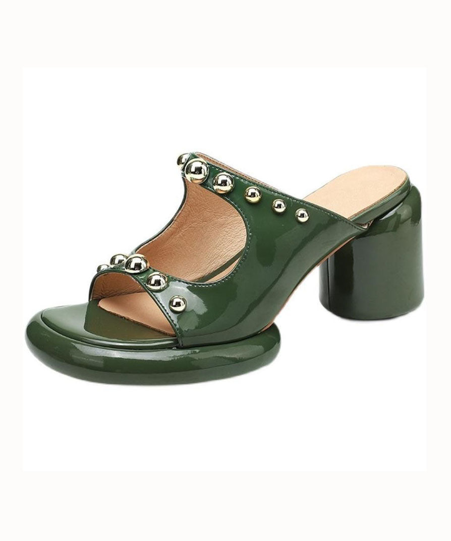 Green Faux Leather Rivet Splicing Peep Toe Chunky Slide Sandals