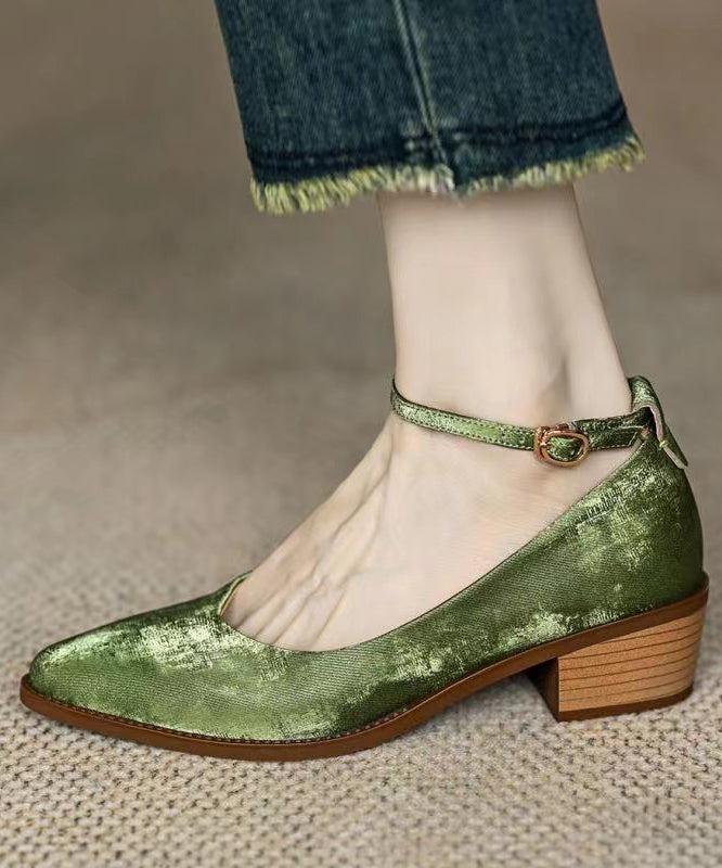 Green Faux Leather Loafers for Splicing Buckle Strap