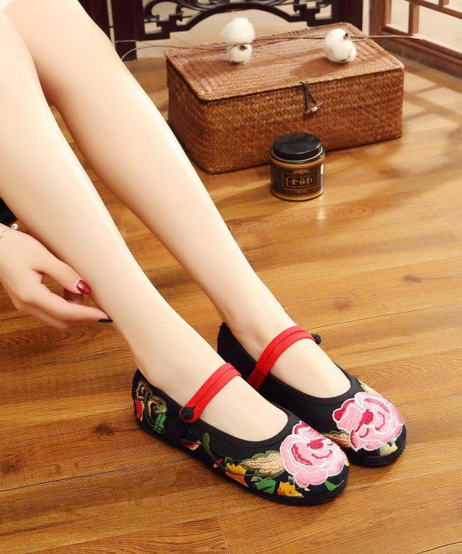 Green Flat Shoes Embroideried Comfy Cotton Fabric Buckle Strap Flat Shoes for