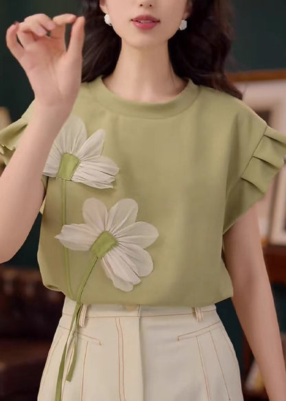 Green Patchwork Cotton Summer T Shirt O Neck