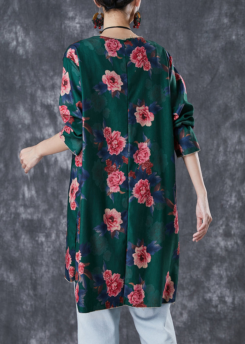 Green Print Linen Mini Dress Side Open Fall