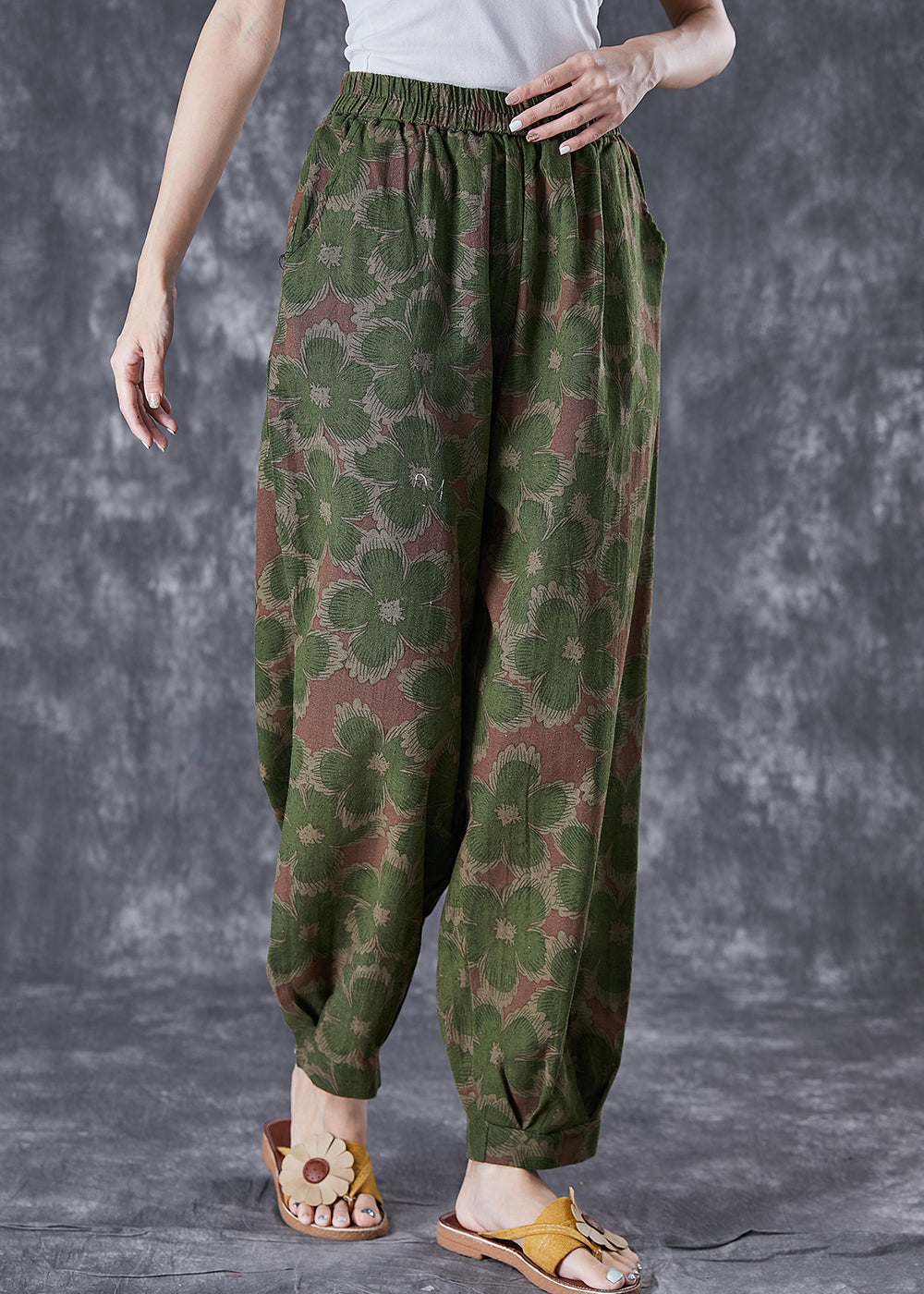 Green Print Linen Pants Oversized Elastic Waist Summer