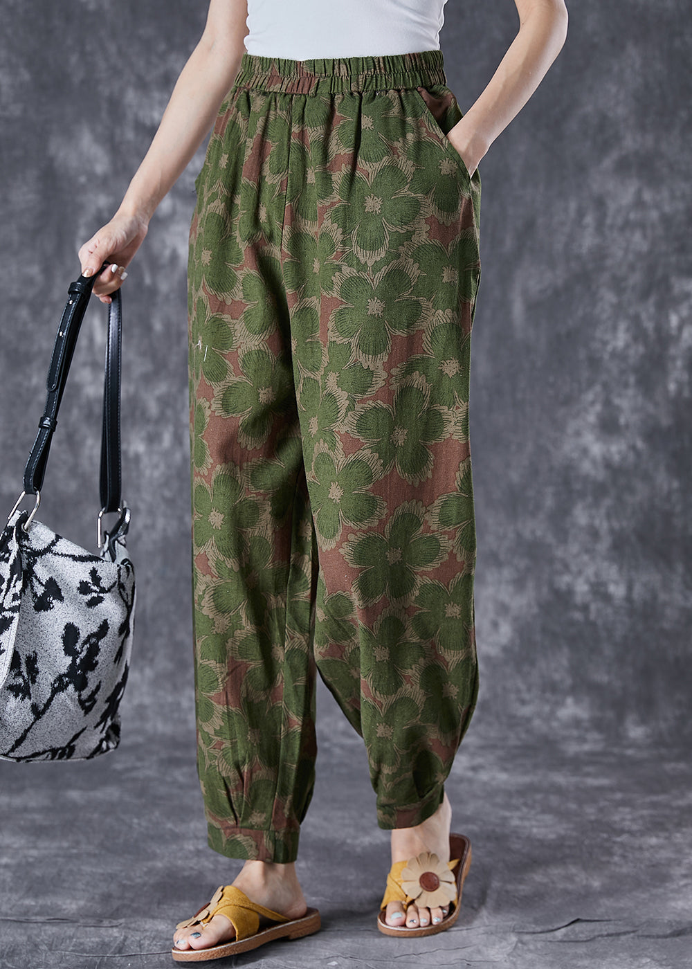 Green Print Linen Pants Oversized Elastic Waist Summer