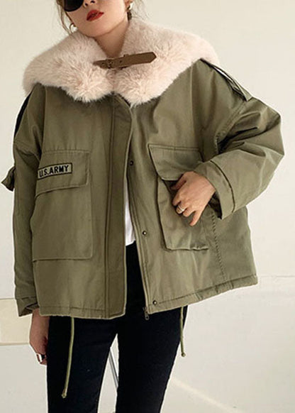 Green Fox Collar Pockets Fine Cotton Filled Winter Coat