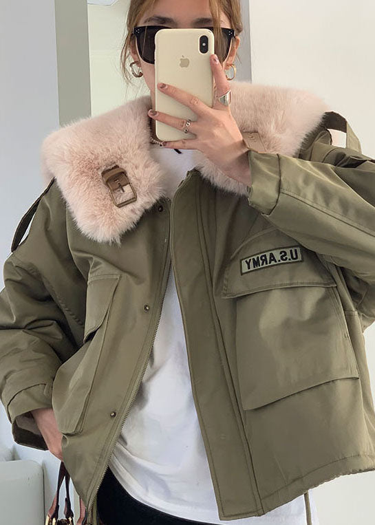 Green Fox Collar Pockets Fine Cotton Filled Winter Coat