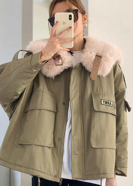 Green Fox Collar Pockets Fine Cotton Filled Winter Coat