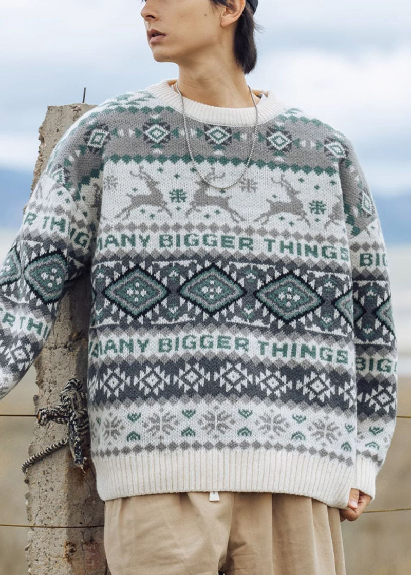 Green Geometric Oversized Knit Sweater Clothing O Neck