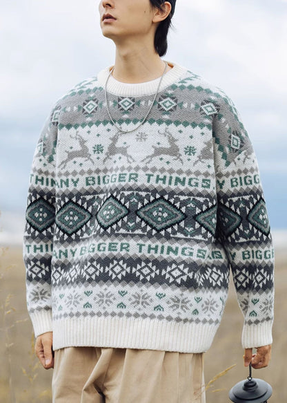 Green Geometric Oversized Knit Sweater Clothing O Neck