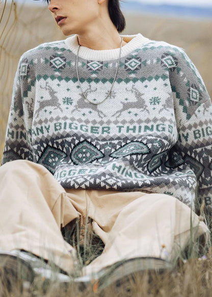 Green Geometric Oversized Knit Sweater Clothing O Neck