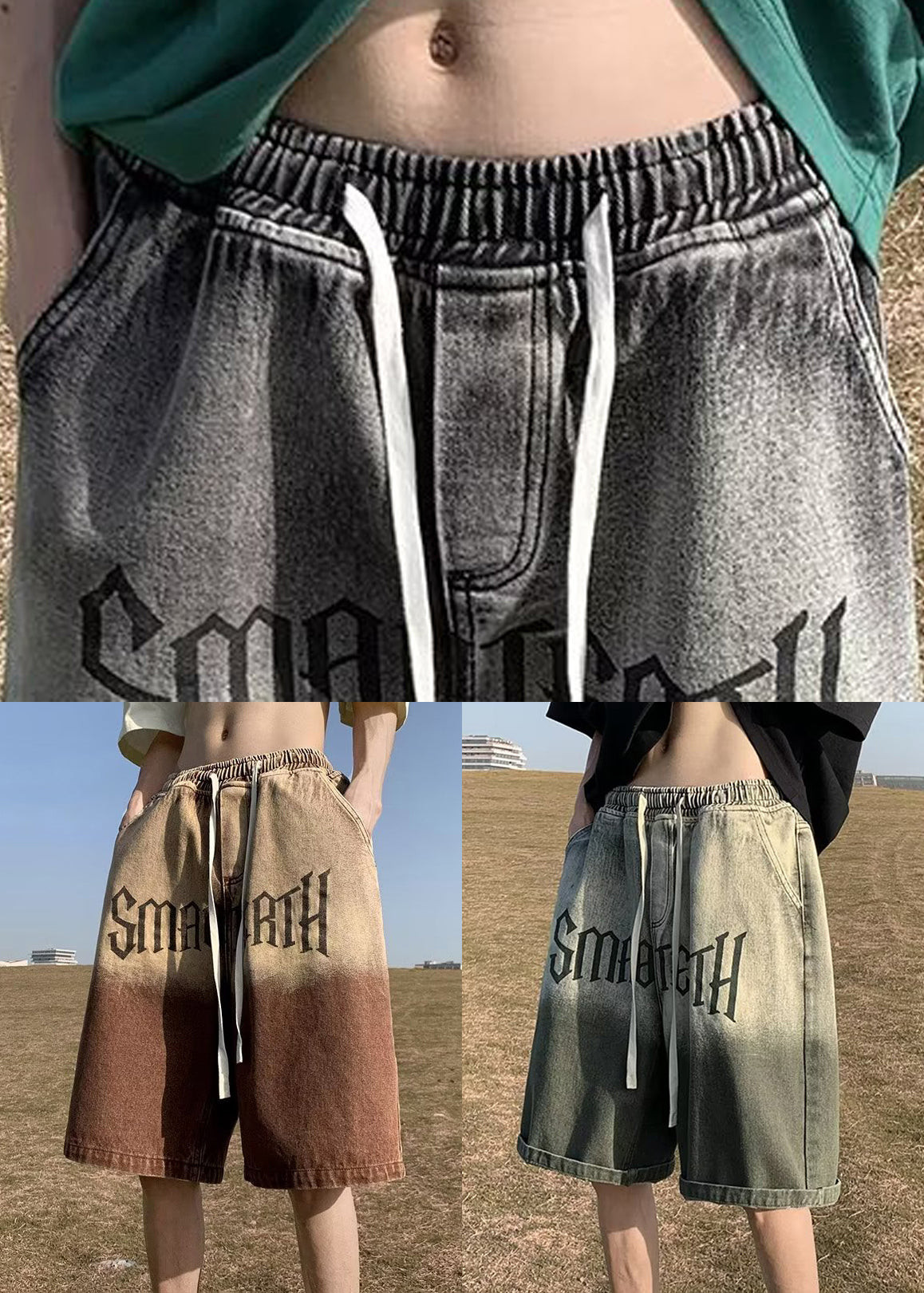 Green Gradient Color Letter Pockets Shorts Elastic Waist