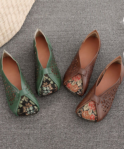 Green Hollow Out Cowhide Leather Flat Shoes for Splicing Flats
