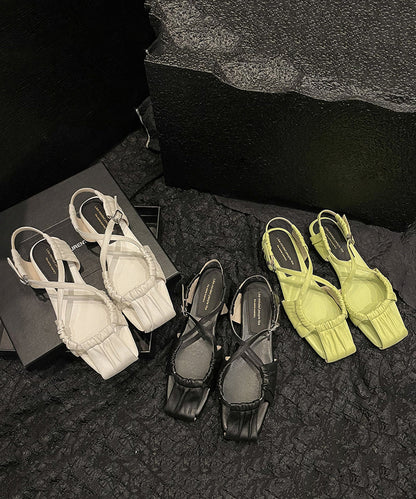 Green Hollow Out Flat Sandals Sheepskin Stylish Splicing