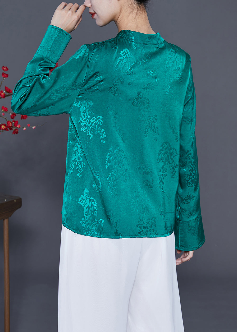 Green Jacquard Silk Shirt Mandarin Collar Chinese Button Spring
