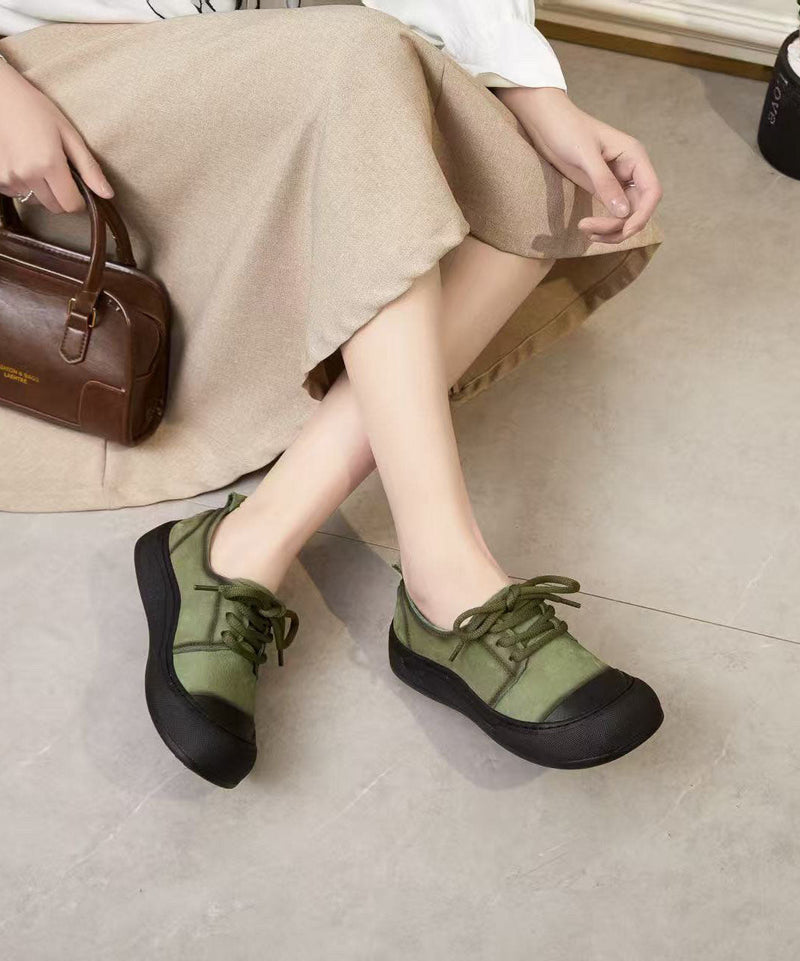 Green Lace Up Cowhide Leather Splicing Flat Feet Shoes