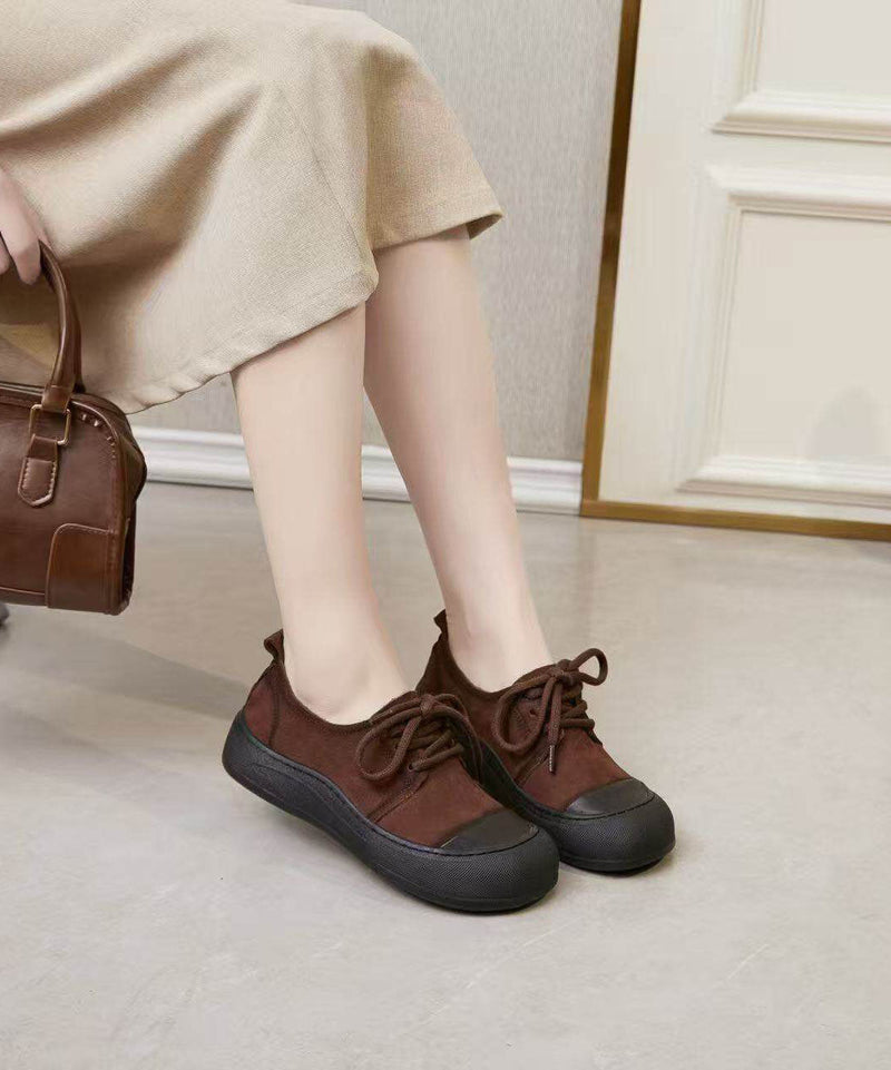 Green Lace Up Cowhide Leather Splicing Flat Feet Shoes