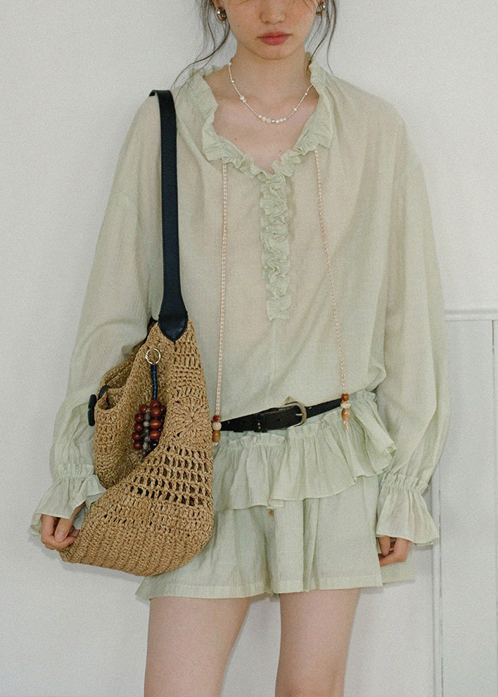 Green Lace Up Pockets Shirts and Shorts Cotton Two-piece Set Ruffled Fall