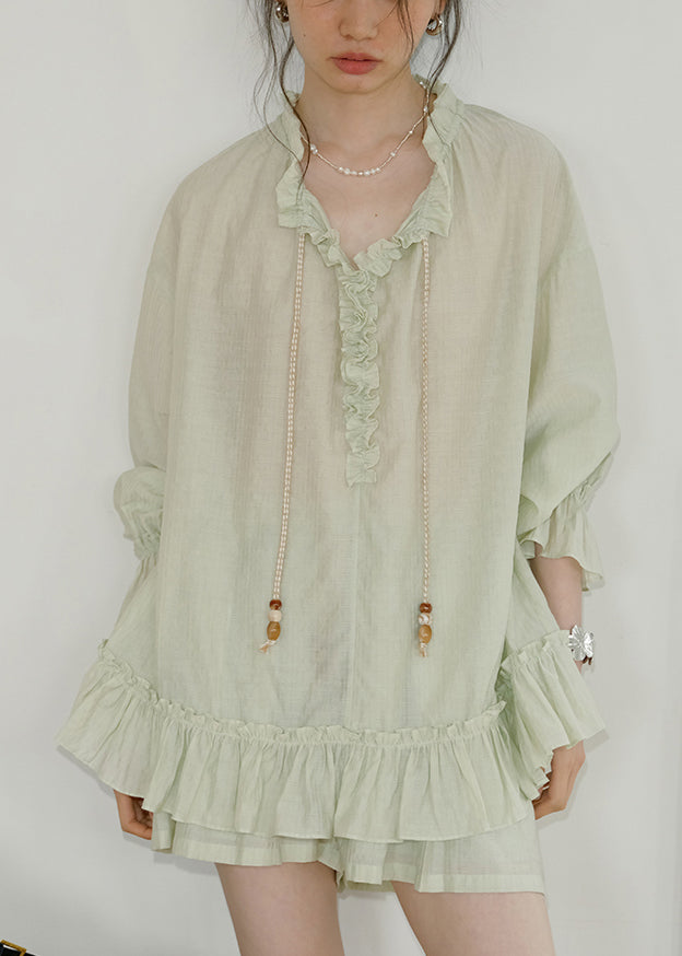 Green Lace Up Pockets Shirts and Shorts Cotton Two-piece Set Ruffled Fall