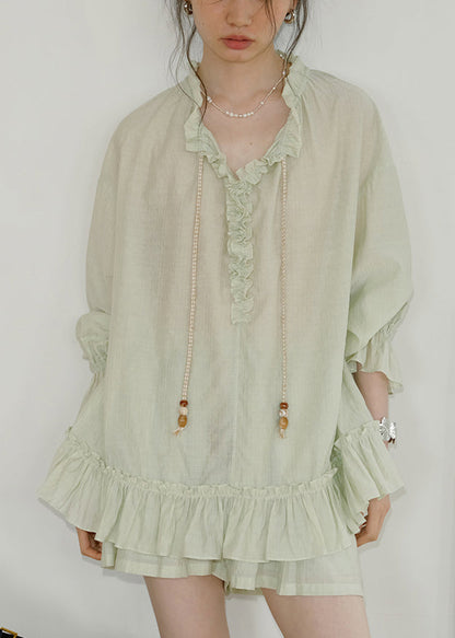 Green Lace Up Pockets Shirts and Shorts Cotton Two-piece Set Ruffled Fall