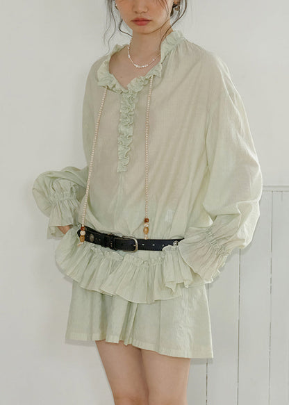 Green Lace Up Pockets Shirts and Shorts Cotton Two-piece Set Ruffled Fall