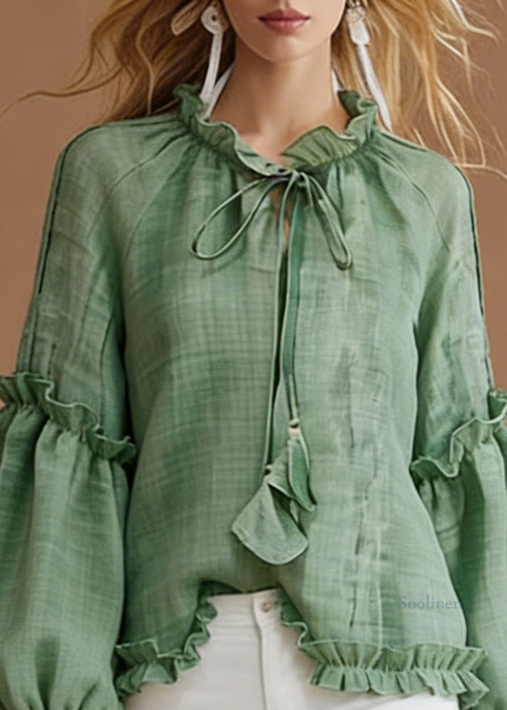 Green Lace Up Cotton Blouse Top Ruffled Spring