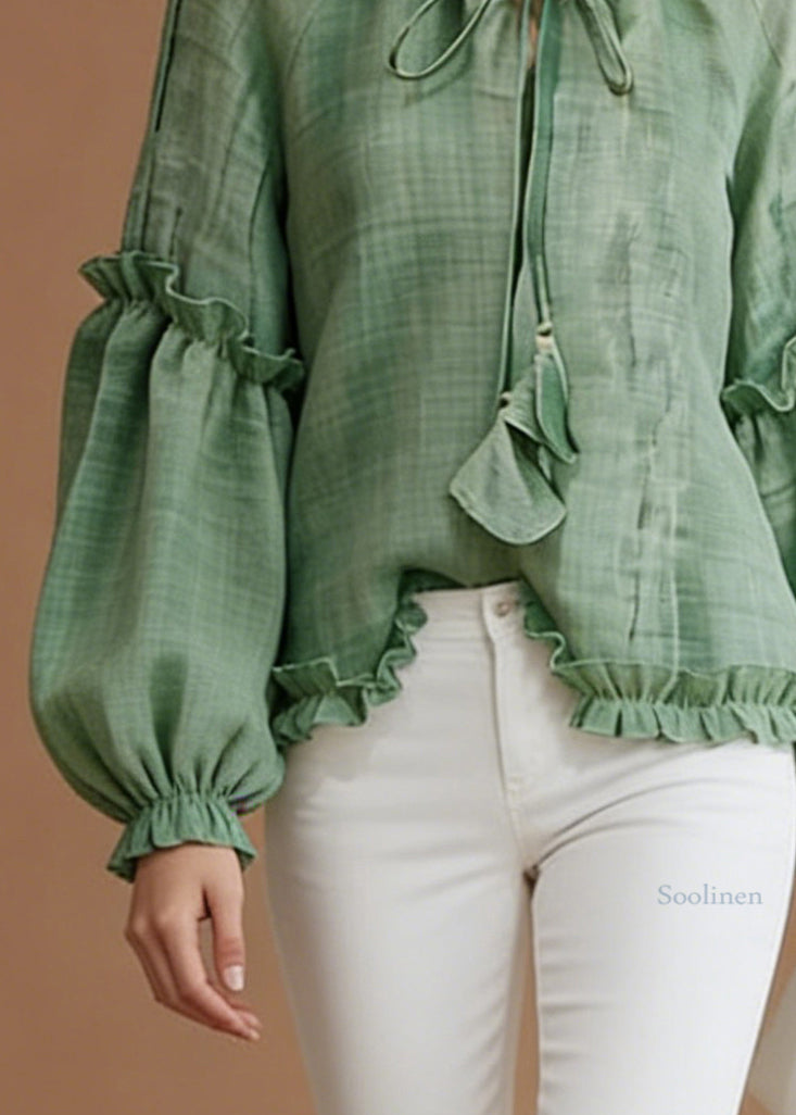 Green Lace Up Solid Cotton Blouse Top Ruffled Spring