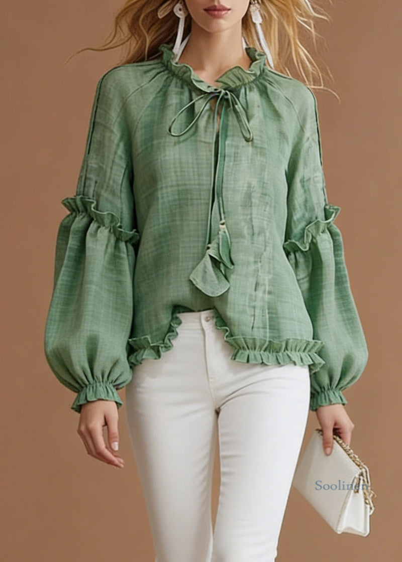 Green Lace Up Cotton Blouse Top Ruffled Spring
