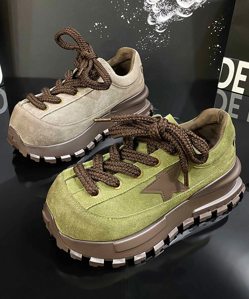 Green Lace Up Splicing Suede Platform Flat Feet Shoes
