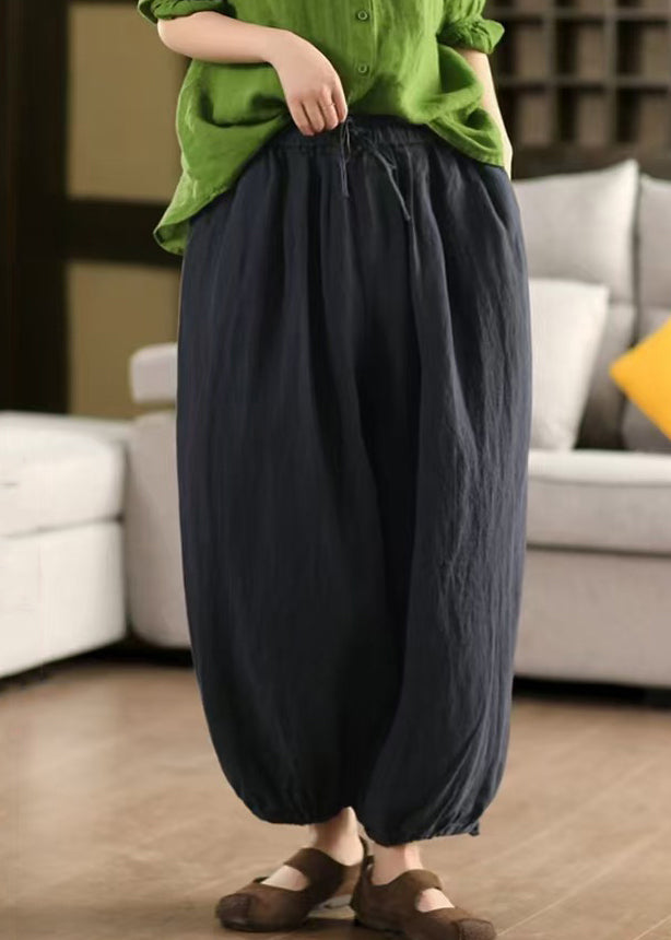 Green Laceup Linen Summer Crop Pants Elastic Waist