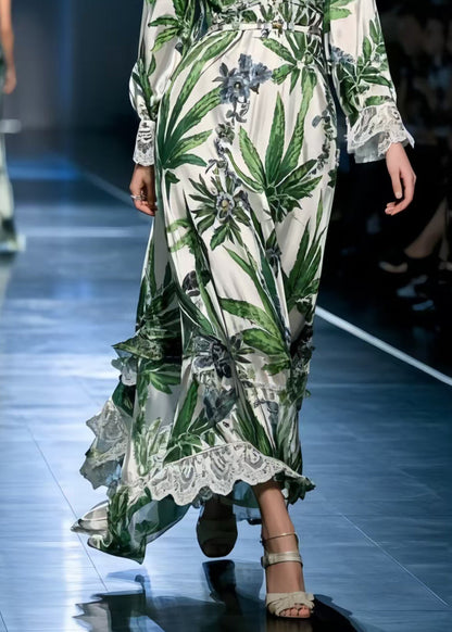 Green Leaf Print Silk Dresses V Neck Exra Large Hem Spring