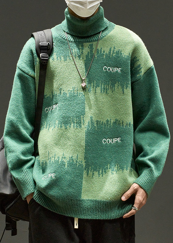 Green Letter Loose Knit Sweater Turtleneck Winter