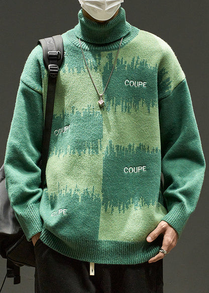 Green Letter Loose Knit Sweater Turtleneck Winter