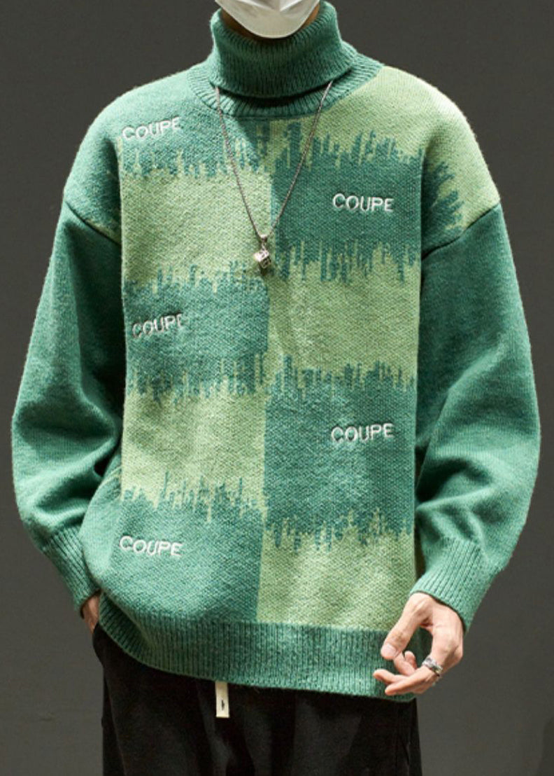Green Letter Loose Knit Sweater Turtleneck Winter