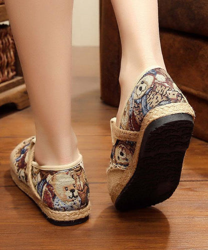 Green Little Bear Cotton Linen Flat Shoes