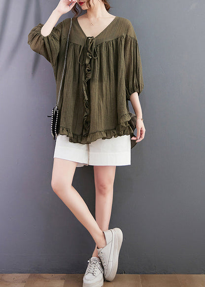 Green Loose Cotton Shirt Tops V Neck Ruffled Lantern Sleeve