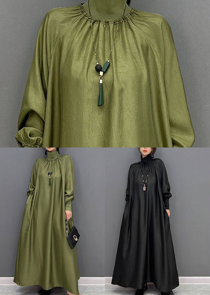 Green Loose Silk a Line Dresses High Neck Draping Spring