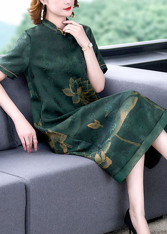 Green Lotus Print Silk a Line Skirts Stand Collar Summer