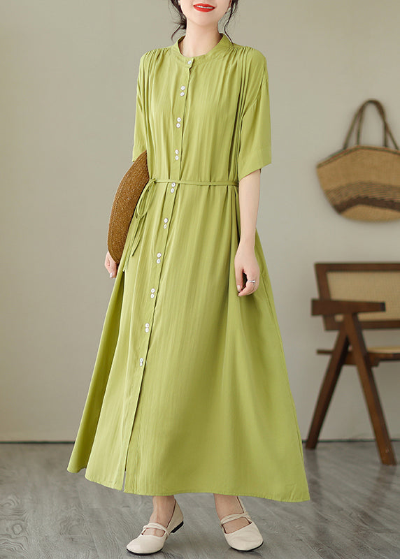Green O-neck Button Maxi Dresses Summer
