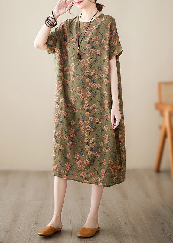 Green O-neck Cozy Long Dress Short Sleeve
