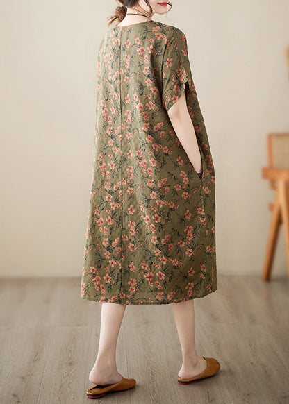 Green O-neck Cozy Long Dress Short Sleeve