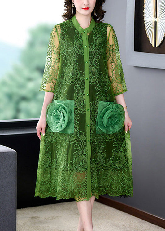 Green O-neck Lace Patchwork Button Tulle Maxi Coats Summer